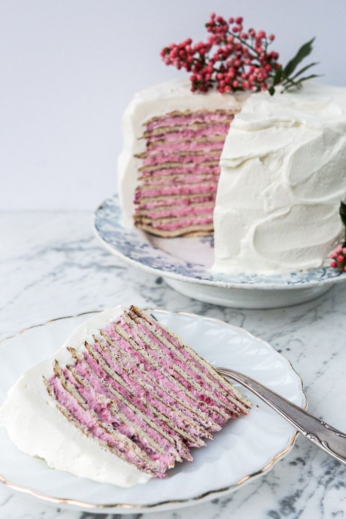 A decadent almond crepe cake with raspberry rose creme is a beautiful dessert fo...