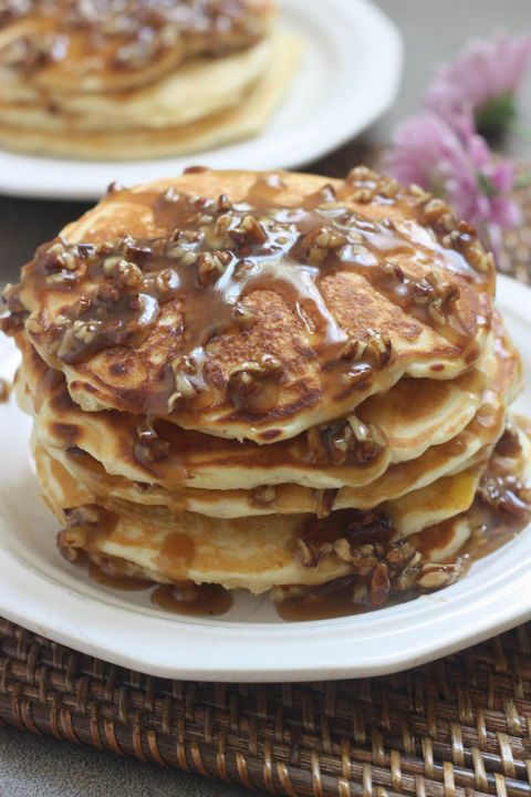 Maple Bacon Pancakes with Pecan Praline Topping:  Sprinkle bacon bits right into...