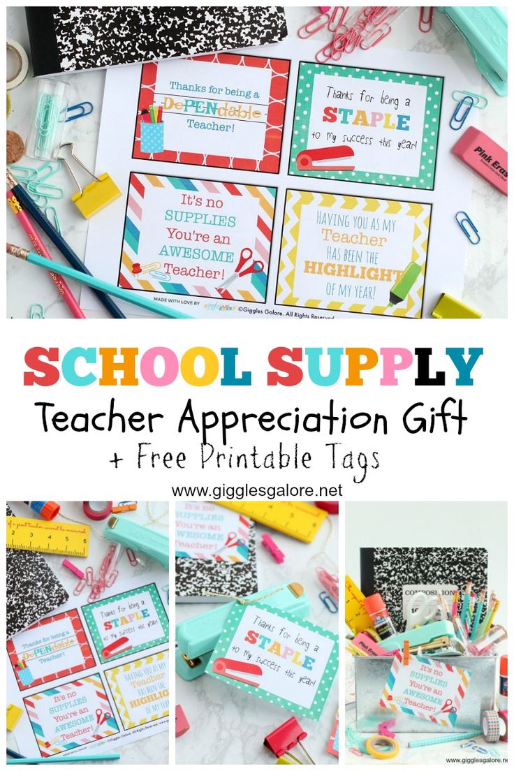 School supply teacher appreciation gift and free printable tags. #giftidea #free...