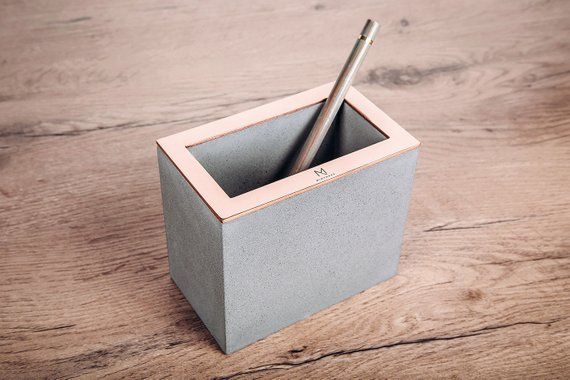 Concrete Pen Holder, Desk Organizer, Personalized Gift, Engraved Copper Pencil H...