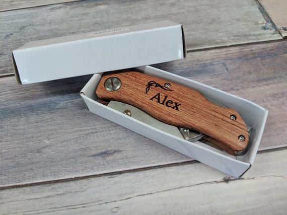 Stainless Steel and Wood Utility Knife, Custom Laser Engraved, Great Groomsmen G...