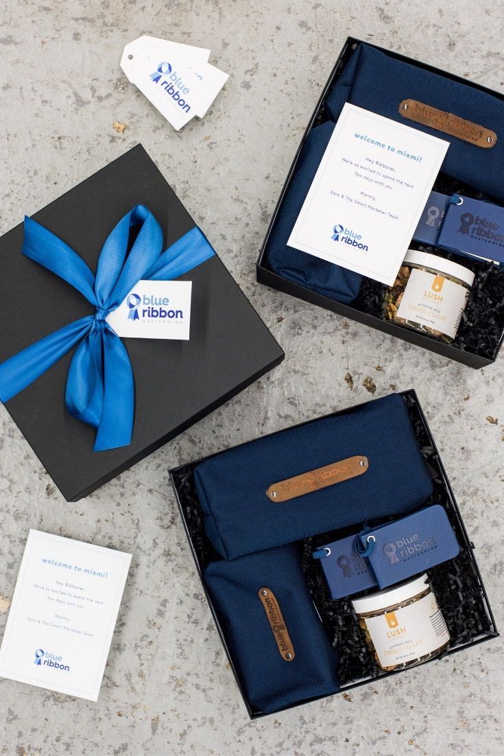CORPORATE EVENT GIFTS//  Blue and black company logo corporate retreat gift boxe...
