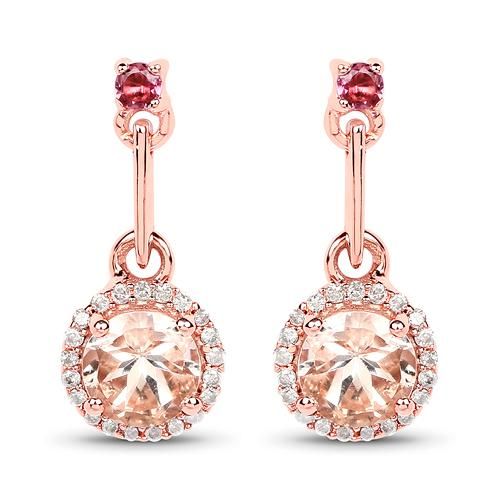 14K Rose Gold Peach Morganite Pink Tourmaline Daiamond Halo Earrings
