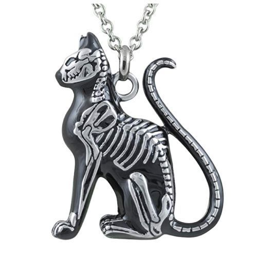 Tattoo inspired Black Cat Skeleton Necklace. Cool gifts for cat lovers.