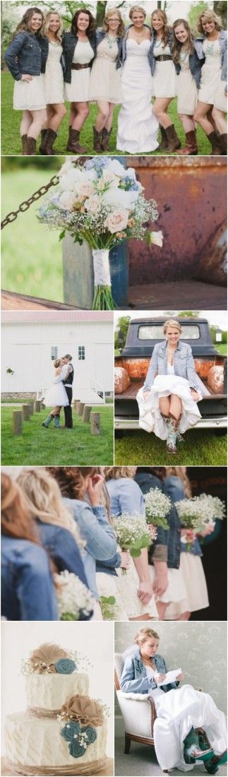 A Country Wedding// love the bridesmaids in white with jean jackets. Casual cute...