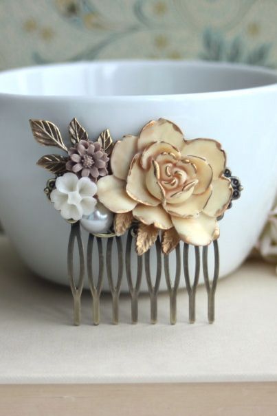 Antiqued Gold Ivory Rose Collage Flower Hair Piece. Vintage Rustic Ivory Gold We...