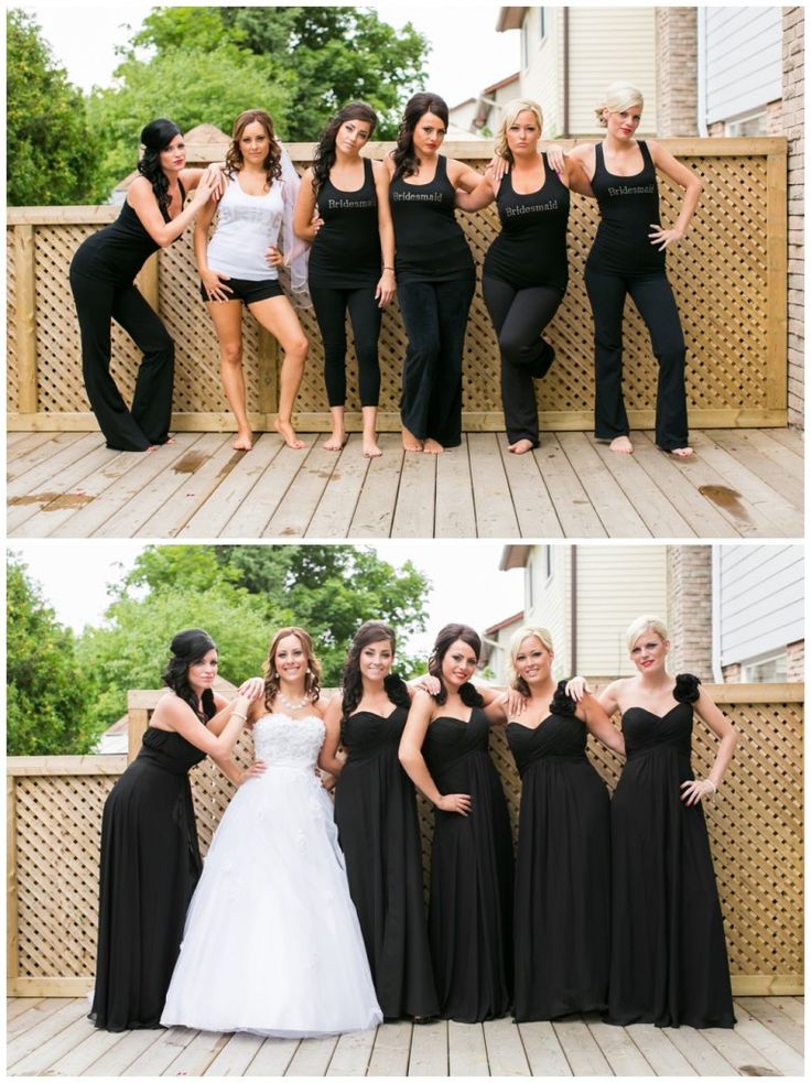 Before and after shot, bridesmaid outfits in the wedding colors