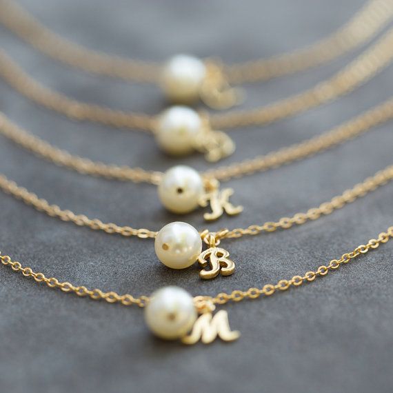 Bridesmaid Bracelet, Pearl & Initial Jewelry Gift Set of 5, Gold Initial Charm B...