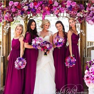 Love these deep pink jewel toned dresses. The colors are so dramatic but not har...