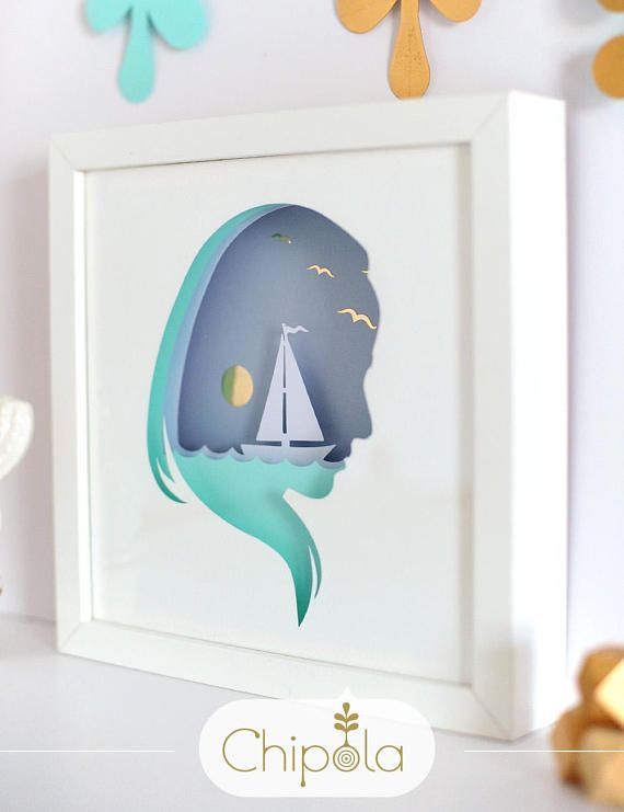 Woman and sea silhouette 3d Paper cut Unique Christmas gift DIY shadow box frame...