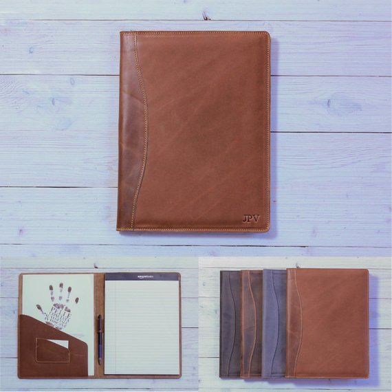 MONOGRAMMED Leather Padfolio Monogrammed Aniline Cow Leather Portfolio Cover Cus...