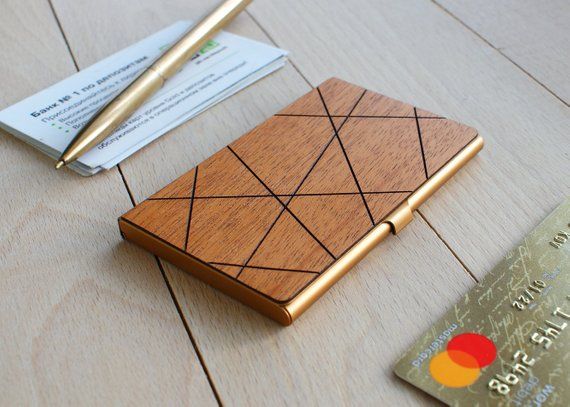 Metal wooden business card case wood holder personalized custom corporate gift i...