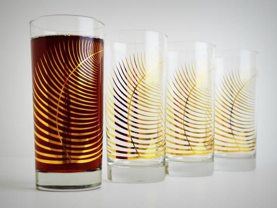 Metallic Gold Fern Glasses - Set of 4 Highball Glasses, Gold Holiday Glasses, Ch...