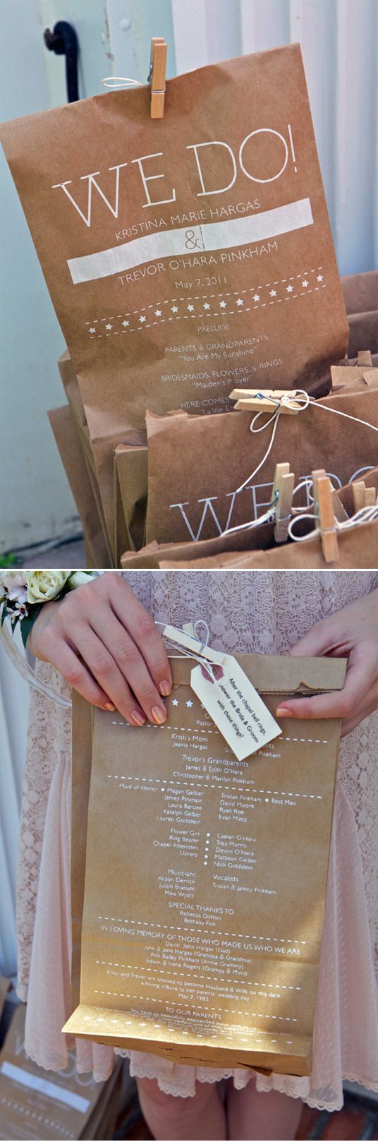wedding program on brown bags with confetti for the toss - absolutely love this.