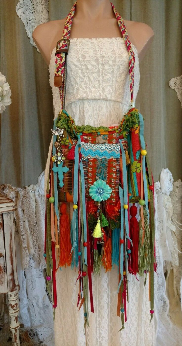 Handmade Vintage Fabric Fringe Bag Tassels Beads Hippie Festival Purse tmyers | ...