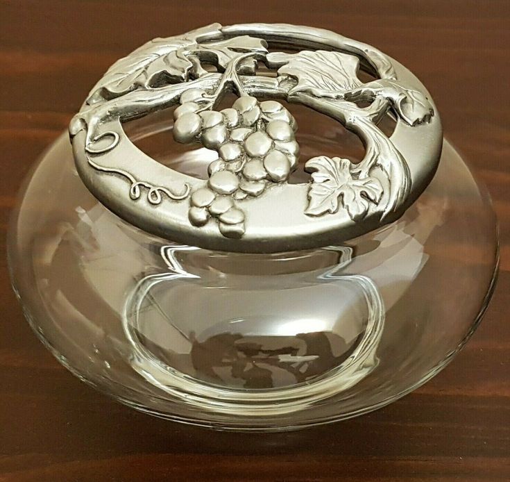 Seagull Pewter Lidded Potpourri Glass Dish with Grape Vine Small Vintage 1990 | ...