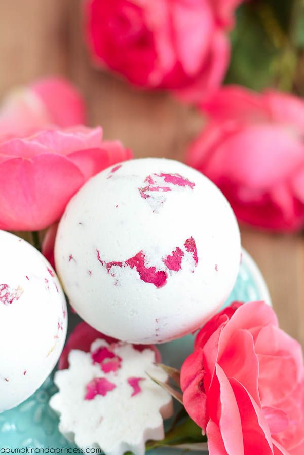 DIY Rose milk bath bombs is a great addition to a spa basket to make for mom.