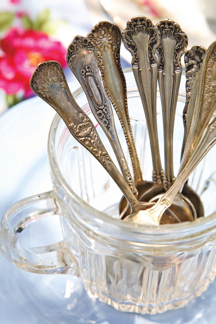 Present mismatched teaspoons in a vintage sugar bowl.