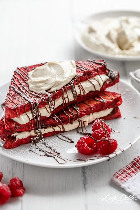 Satisfy mom's sweet tooth with this rich Red Velvet French Toast .