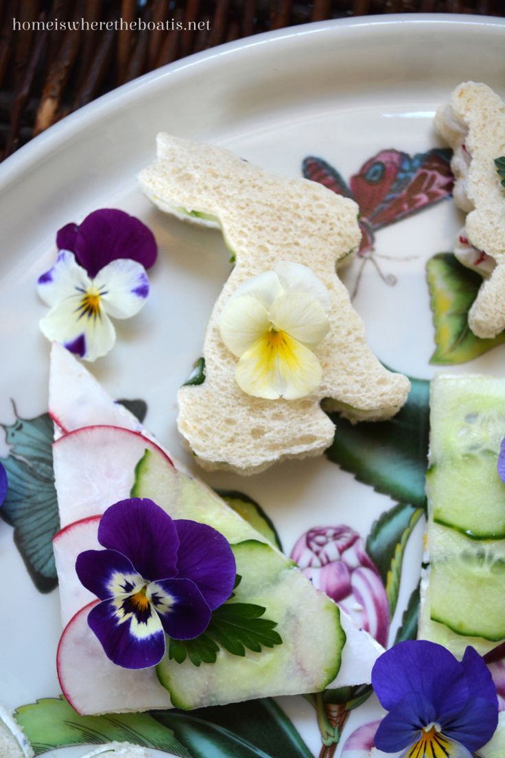 Spring Tea Sandwiches with Flower & Herb Cheese include fresh edible flowers! Yo...