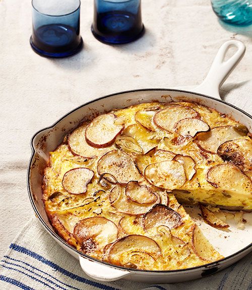 This one-skillet Spanish Tortilla with Manchego and Green Olives is dense with o...