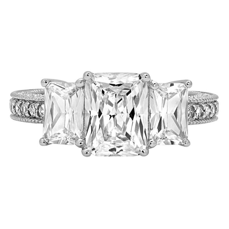14K White Gold 4TCW Emerald Cut Russian Lab Diamond Journey Ring
