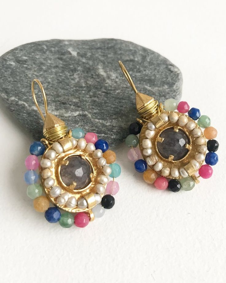24K Handmade Pearl & Semi-Precious Stone Earrings