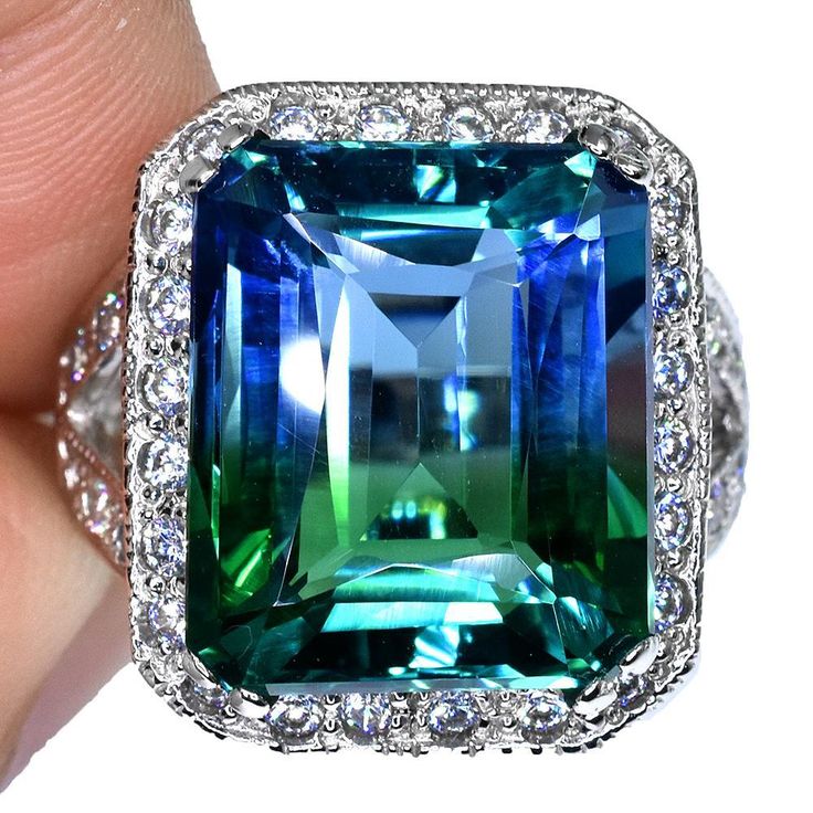 A Natural 14K White Gold 13CT Emerald Cut Bi-Color Tourmaline Halo Ring