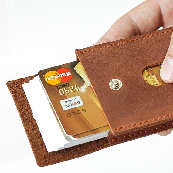 Business Card Case Leather Card Holder Minimal Card Wallet Front Pocket Wallet N...