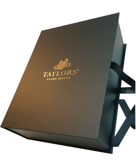 Luxury corporate gift box with gold foil logo print and silk satin ribbon closur...