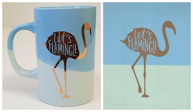 Flamingo Coffee Mug and Art Poster Set Let's Flamingle Blue Gold Indigo NEW ...