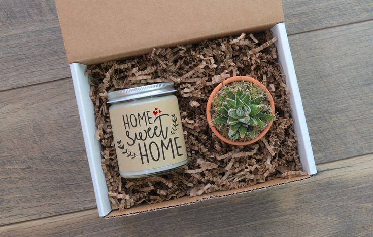 Home Sweet Home with Hearts Personalized Soy Candle and Succulent Gift Box / Housewarming Gif...