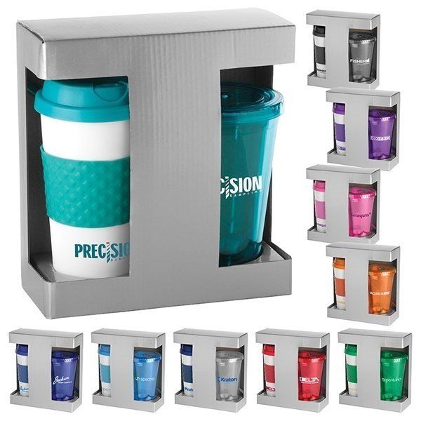 Promotional Gift Set includes customized travel tumbler & travel mug packaged in...