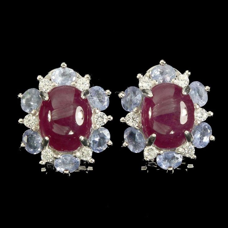 14K White Gold Oval Cut Red Ruby & Tanzanite Halo Earrings