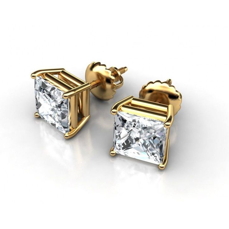 14K Yellow Gold 1CT Princess Cut Solitaire Russian Lab Diamond Stud Earrings