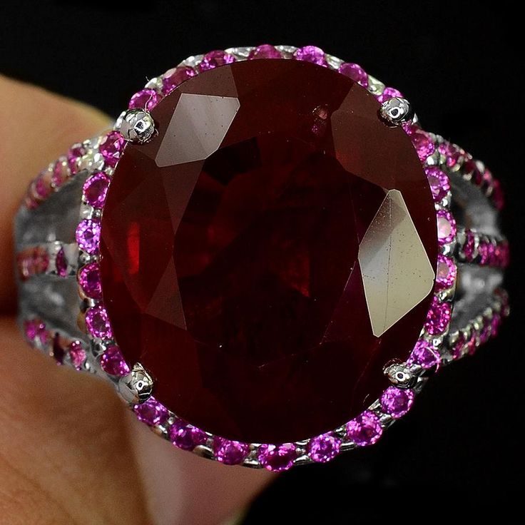 A Natural 14K White Gold 14.5CT Oval Cut Red Ruby Halo Triple Split Shank Ring
