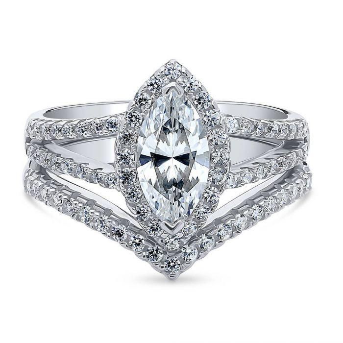 A Perfect 1CT Marquise Cut Russian Lab Diamond Halo Bridal Set