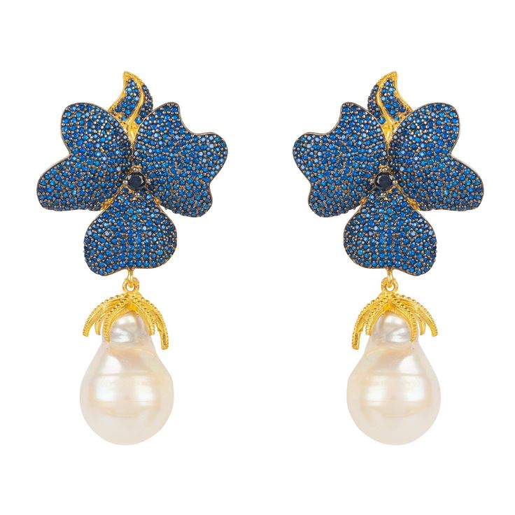Blue Flower Baroque Pearl Earring Gold Blue CZ