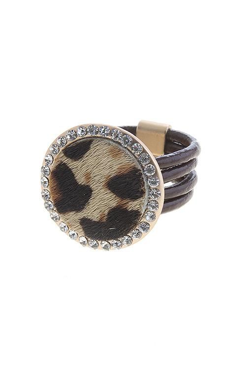 CRYSTAL ACCENT CHEETAH PRINT GENUINE LEATHER RING