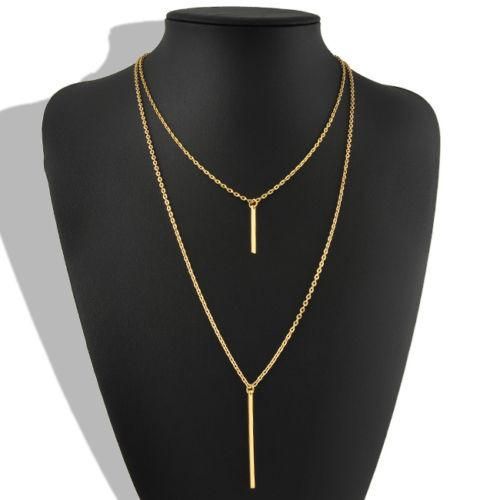 Double Layer Bohemian Gold Long Chain Vertical Drop Bar Pendant Necklace