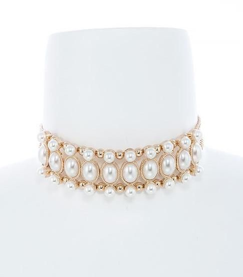 Faux Pearl & Gold Layered Choker Necklace