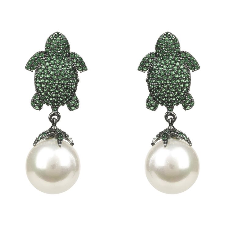 Green Turtle Baroque Pearl Drop Earring Oxidised