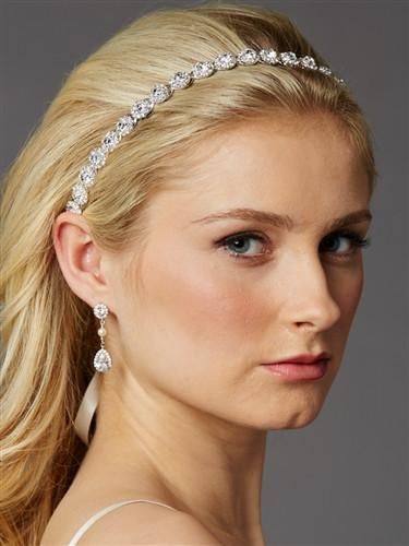 Silver Rhodium Bridal Headband with Crystal Flowers and Split Hair Band
