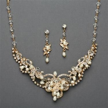 Vintage 14K Yellow Gold Freshwater Pearl & CZ Necklace & Earring Set
