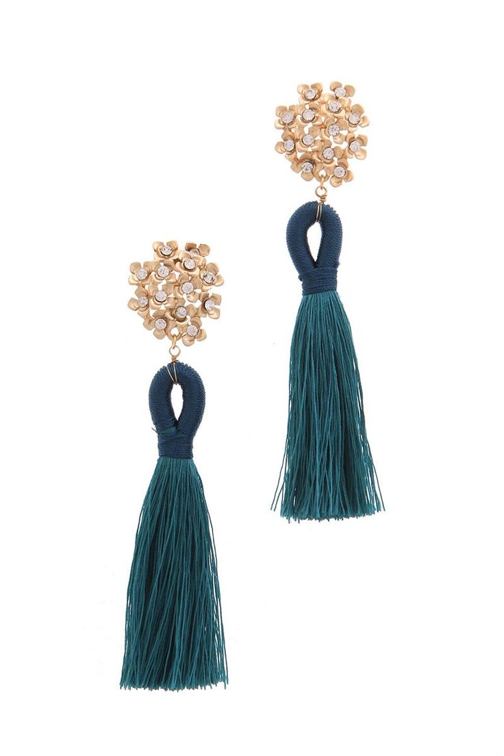 Yellow Gold Crystal Floral & Peacock Teal Blue Drop Fringe Earrings