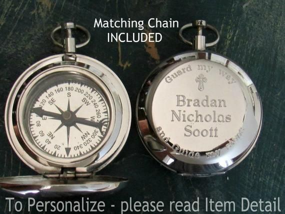 Engraved Working Compass with Chain, Baptism Gift with Baby Name Engraved, Custo...