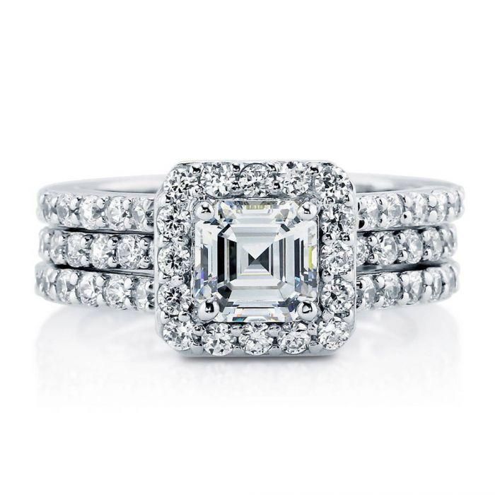 1.3CT Asscher Cut Russian Lab Diamond Halo Bridal Set Wedding Band Ring