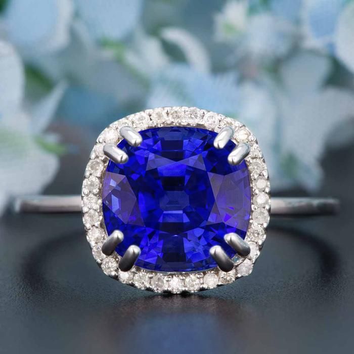 14K White Gold 2.25TCW Cushion Cut Natural Blue Sapphire & Diamond Engagement Ri...