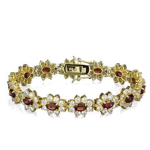 A Floral 14K Yellow Gold Oval Cut Garnet & Russian Lab Diamond Bracelet