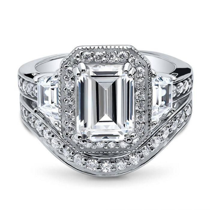 A Perfect 3.5CT Emerald Cut Russian Lab Diamond Halo Bridal Ring Set